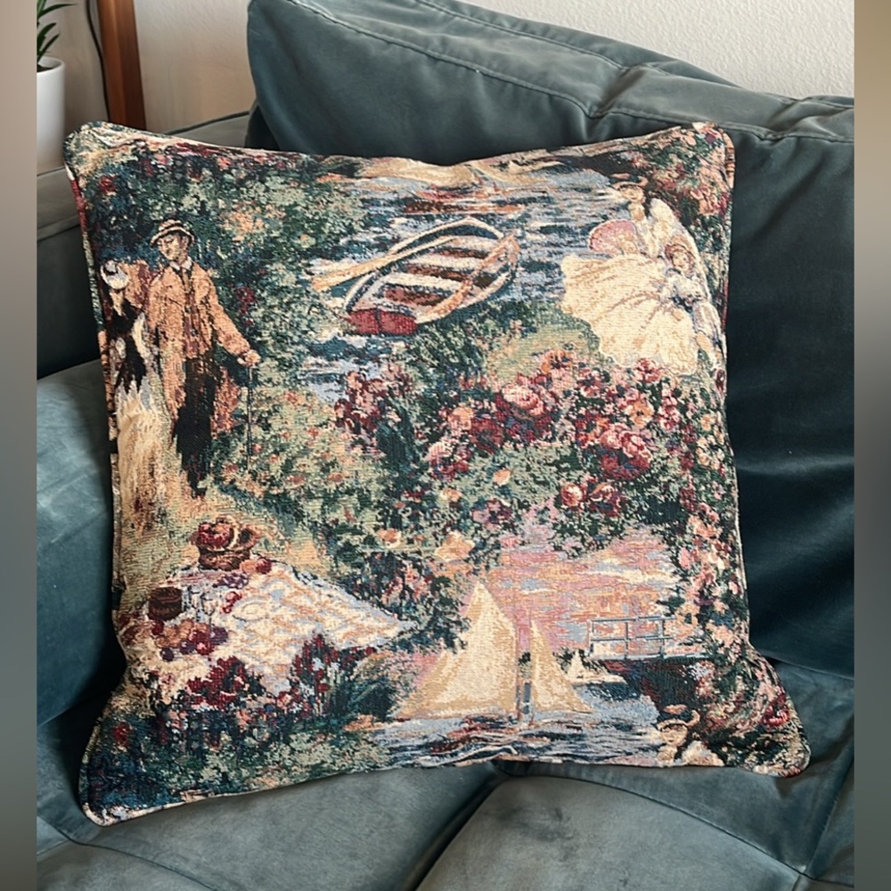 Vintage Tapestry Accent Throw Pillow Victorian Sail Boats Nautical - Picture 6 of 10
